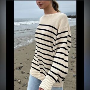Brandy Melville Black and Cream Striped Crew Neck Sweater